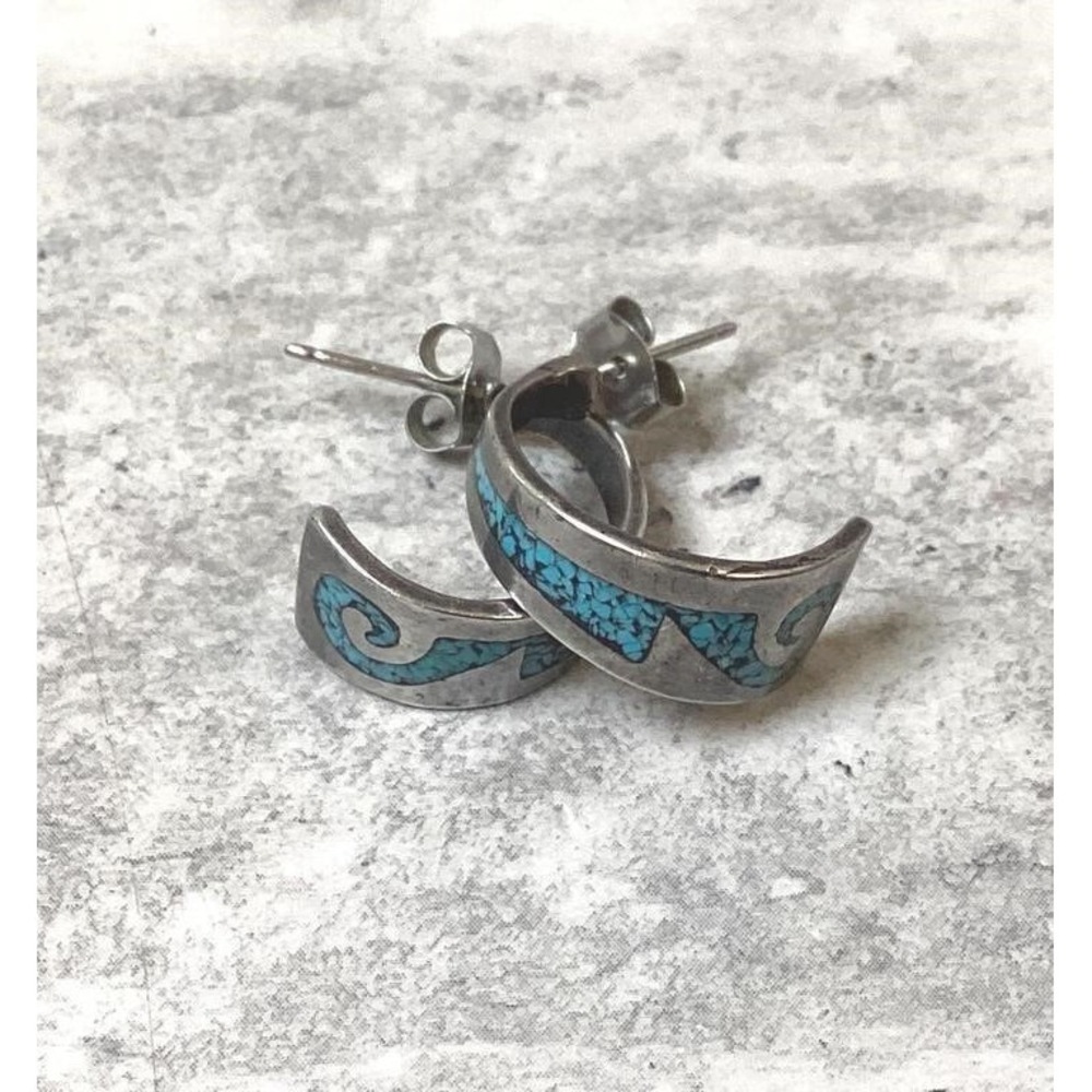 Vintage Navajo Sterling Silver Turquoise Huggie Hoop Earrings